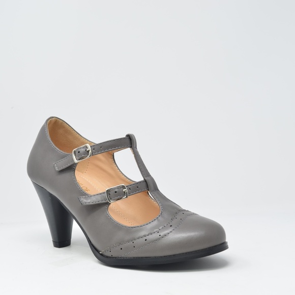 🛍 Women's Double Strap Mary Jane  Heels Gray - Picture 4 of 4